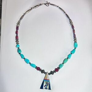 Vintage Zuni Inlaid Pendant, Turquoise, Pyrite, Coral necklace, Pendant …